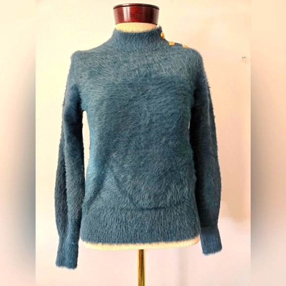 BANANA REPUBLIC Dark Teal Fuzzy Sweater with Gold Button Shoulder Detail.Size XS - Picture 1 of 9